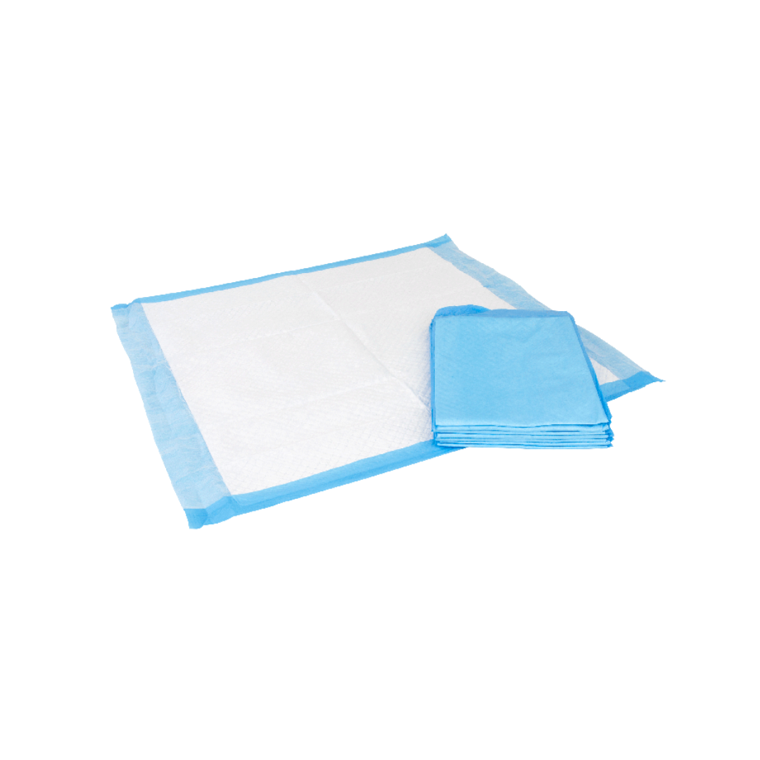 A stack of Dynarex Disposable Underpads is next to one unfolded underpad, showing a white absorbent center with a blue border on a white background.